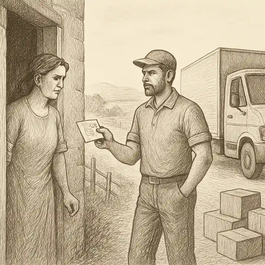 Ilustración en grabado sobre Entregar en casa, exigir carretera