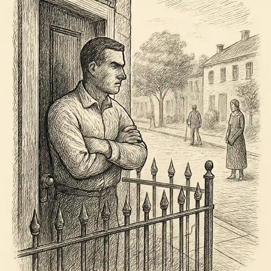Ilustración en grabado sobre Defender la puerta y perder la acera