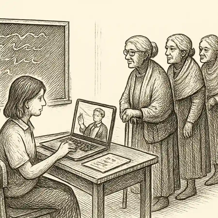 Ilustración en grabado sobre Se digitaliza la escuela y envejece la fila