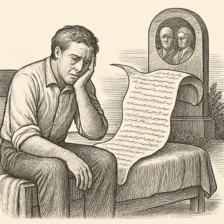 Ilustración en grabado sobre Descansar en paz y dejar encargos
